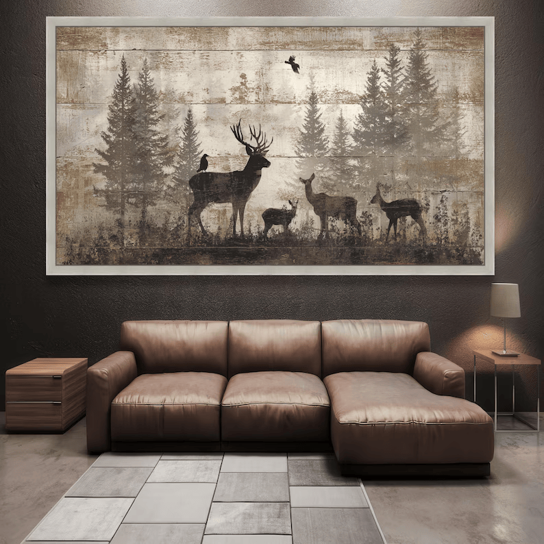 Deer Forest Painting – Rustic Wildlife Canvas Wall Art#yy710024