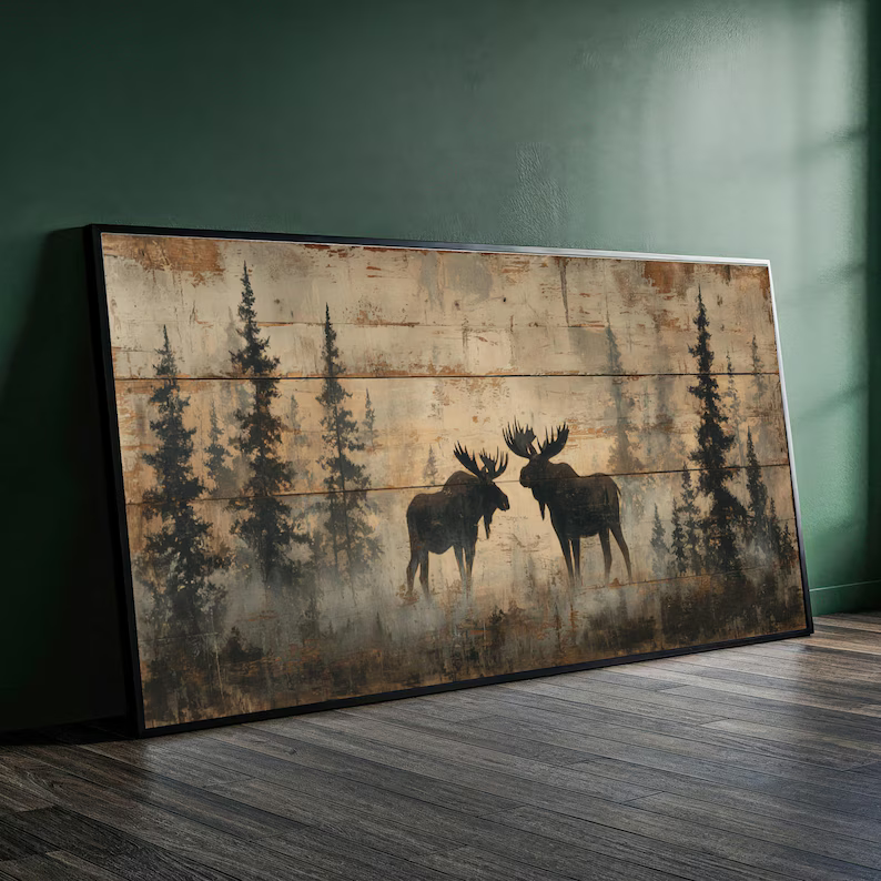 Moose Forest Painting – Rustic Wildlife Canvas Wall Art#yy710039