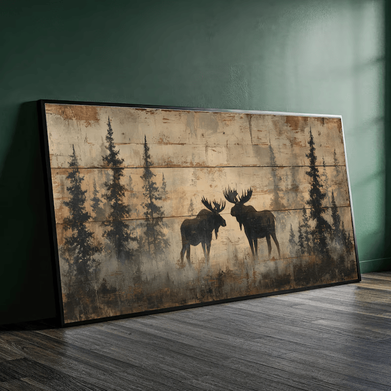 texture Moose Forest Painting – Rustic Wildlife Canvas Wall Art#yy710039