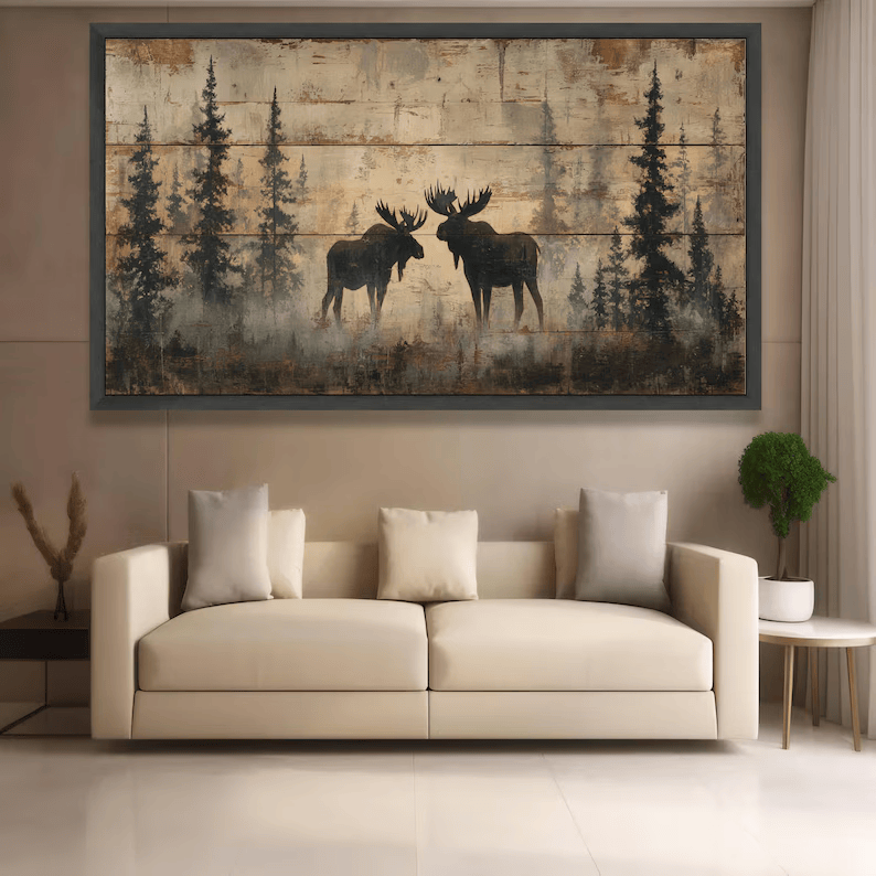 Moose Forest Painting – Rustic Wildlife Canvas Wall Art#yy710039