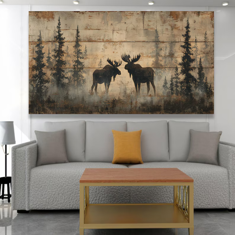 Moose Forest Painting – Rustic Wildlife Canvas Wall Art#yy710039