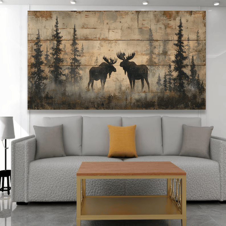 Moose Forest Painting – Rustic Wildlife Canvas Wall Art#yy710039