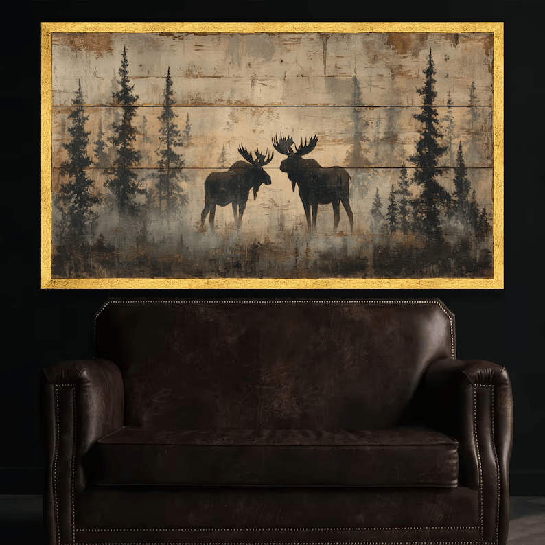 Moose Forest Painting – Rustic Wildlife Canvas Wall Art#yy710039