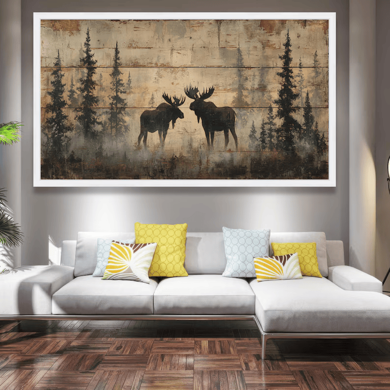 Moose Forest Painting – Rustic Wildlife Canvas Wall Art#yy710039