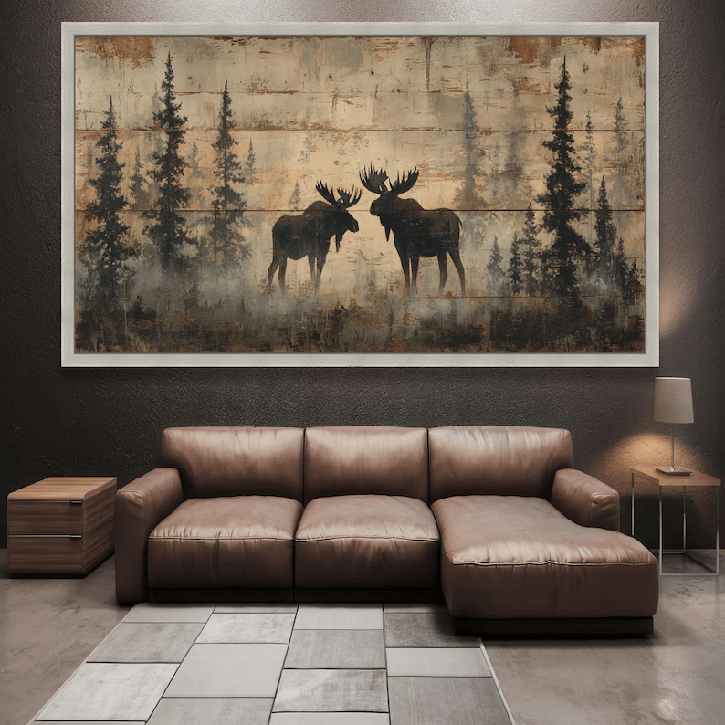 Moose Forest Painting – Rustic Wildlife Canvas Wall Art#yy710039