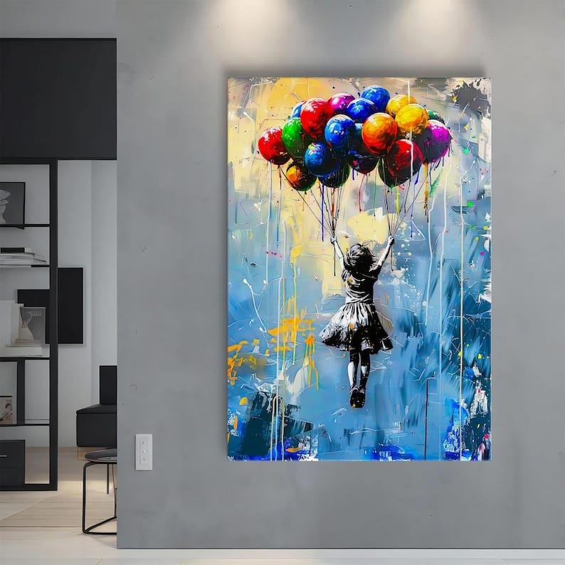 Girl With Balloons Painting – Modern Street Art Canvas Wall Art#yy710004