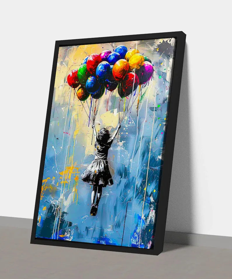 Girl With Balloons Painting – Modern Street Art Canvas Wall Art#yy710004