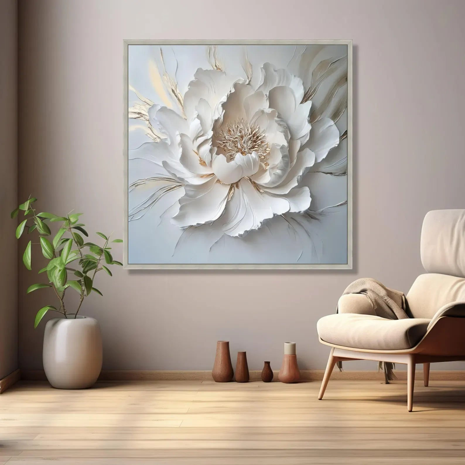 White 3D Flower Painting – Luxury Textured Floral Wall Art#yy710041