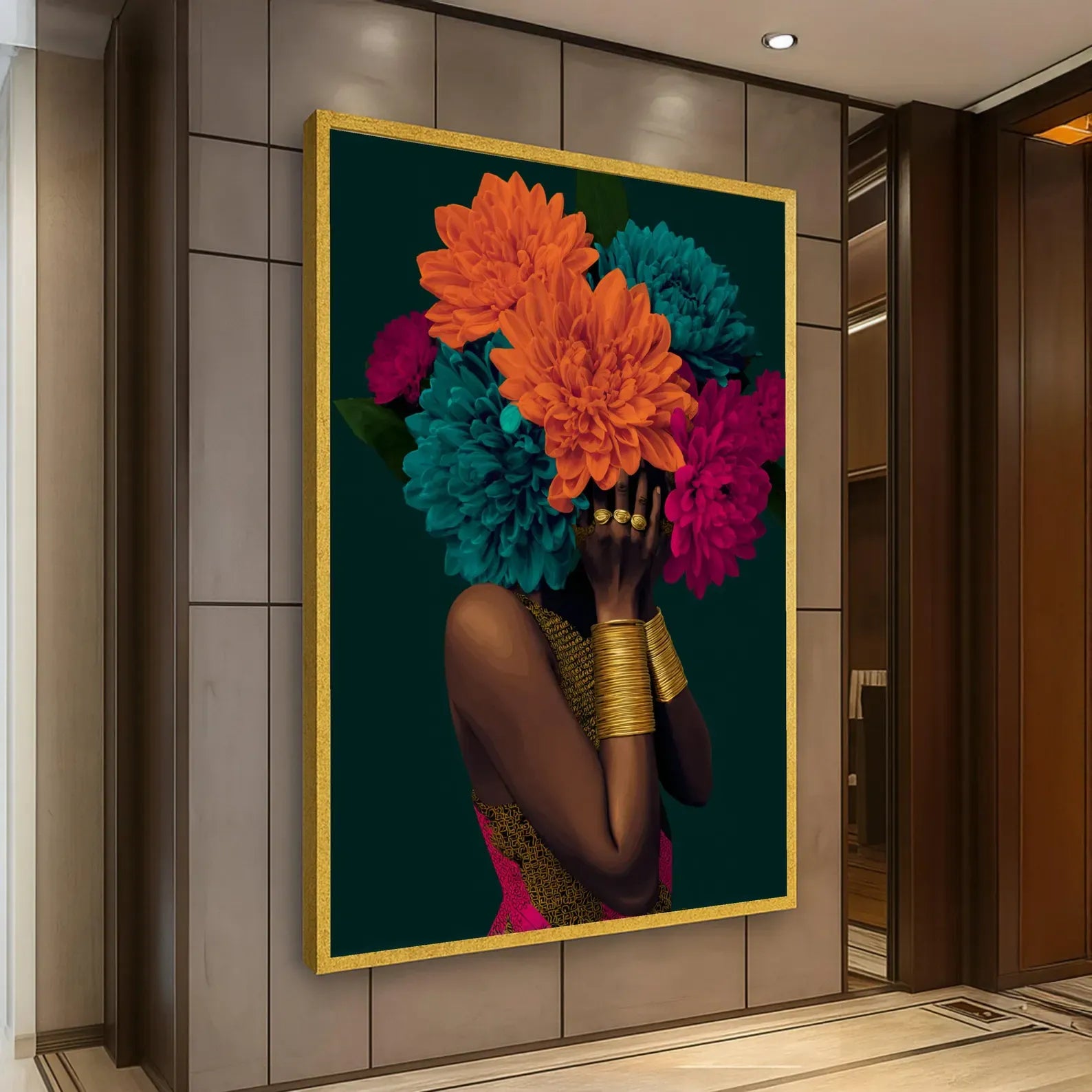 texture African Woman Floral Portrait – Luxury Botanical Canvas Wall Art#yy710008