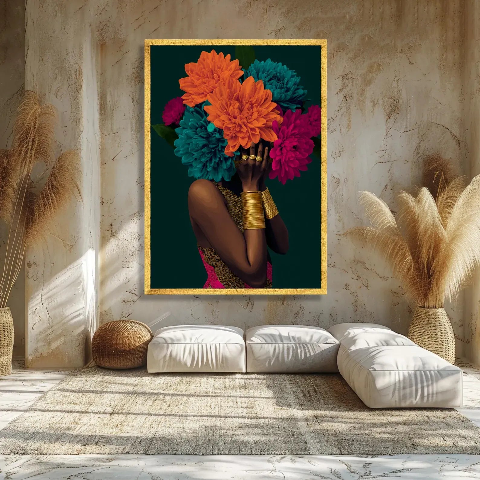 African Woman Floral Portrait – Luxury Botanical Canvas Wall Art#yy710008
