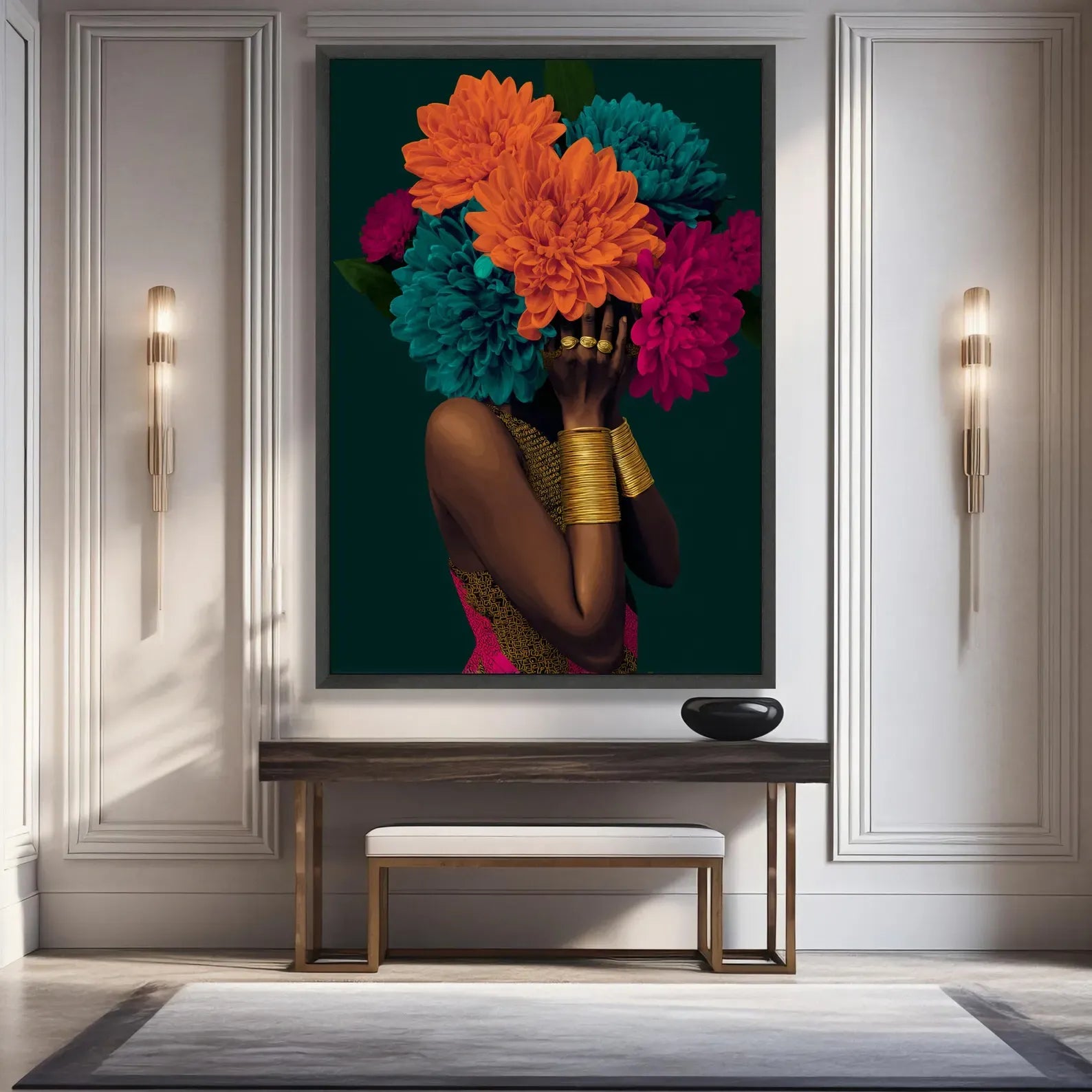African Woman Floral Portrait – Luxury Botanical Canvas Wall Art#yy710008