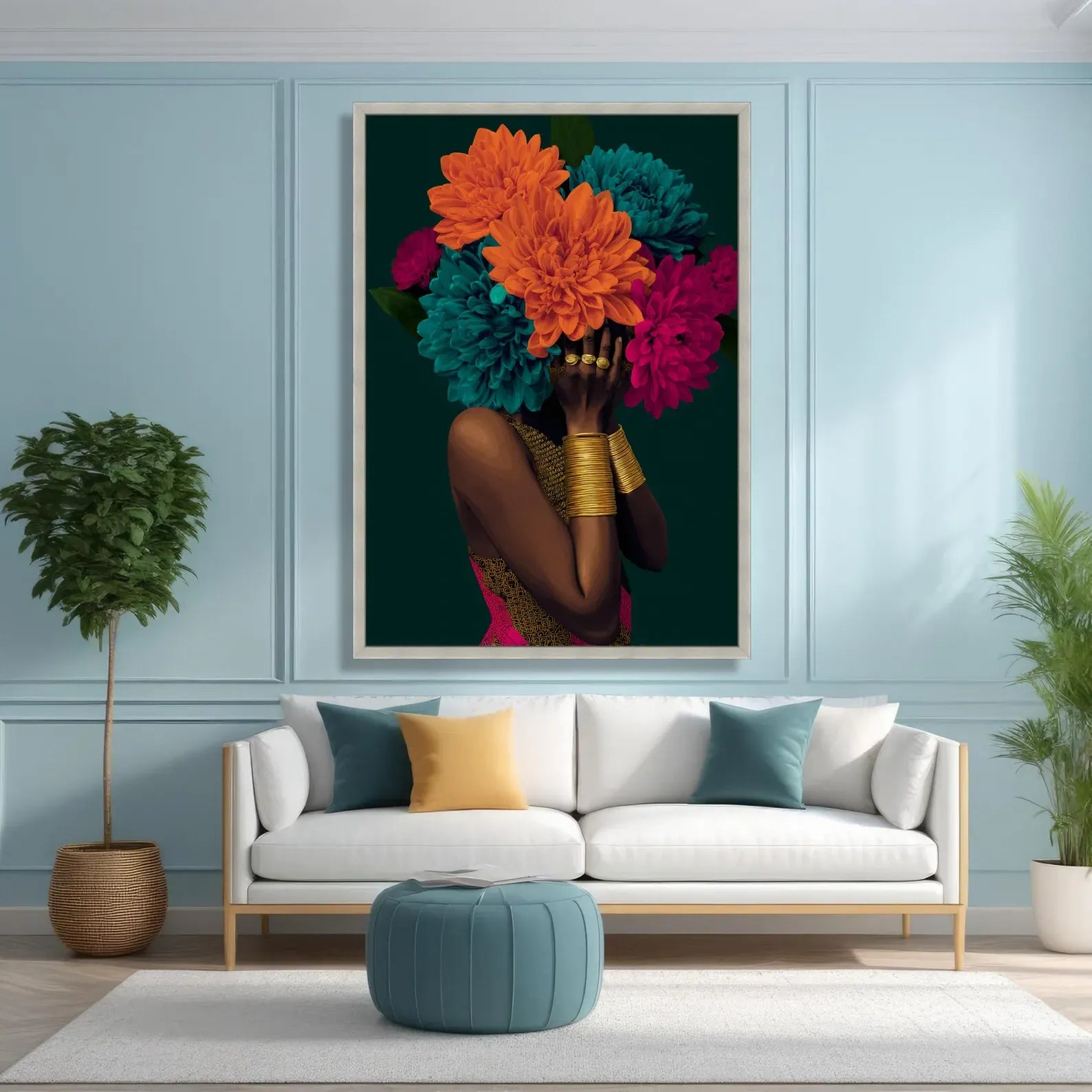 African Woman Floral Portrait – Luxury Botanical Canvas Wall Art#yy710008
