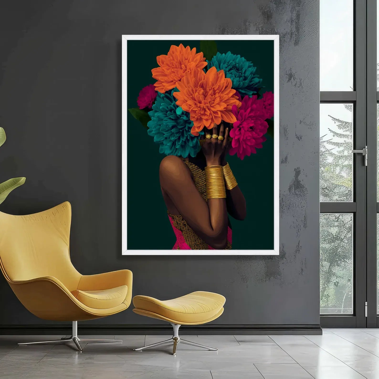 African Woman Floral Portrait – Luxury Botanical Canvas Wall Art#yy710008