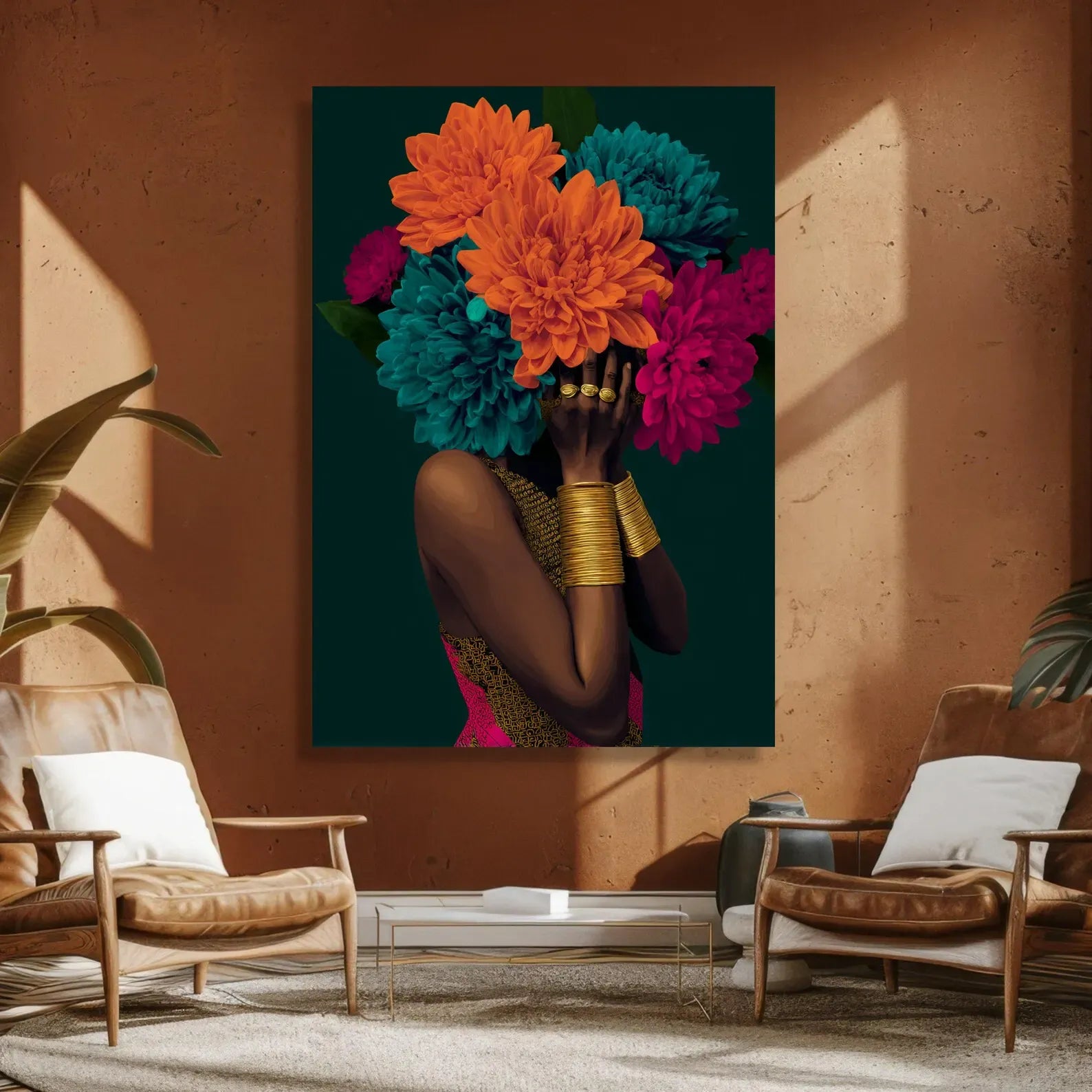 African Woman Floral Portrait – Luxury Botanical Canvas Wall Art#yy710008