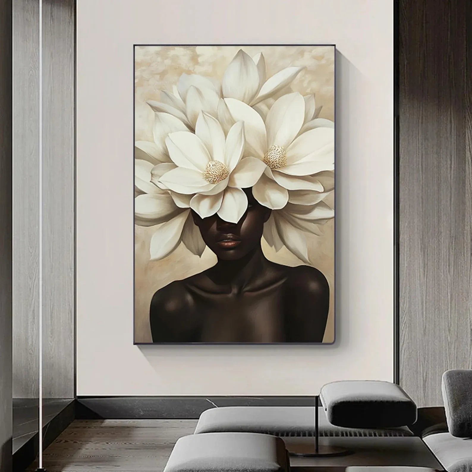 White Flower Woman Painting – Luxury Floral Portrait Wall Art#yy710046