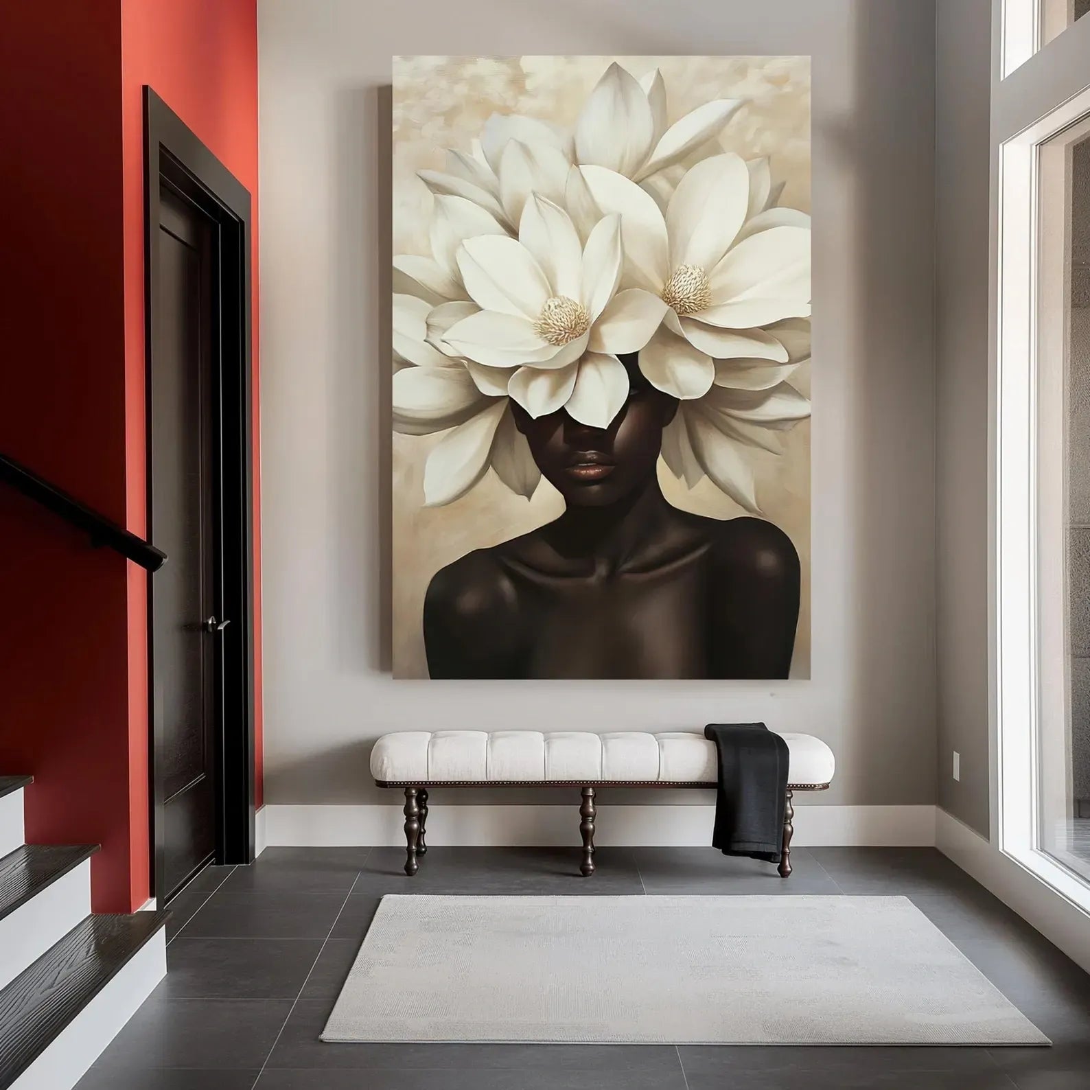 White Flower Woman Painting – Luxury Floral Portrait Wall Art#yy710046