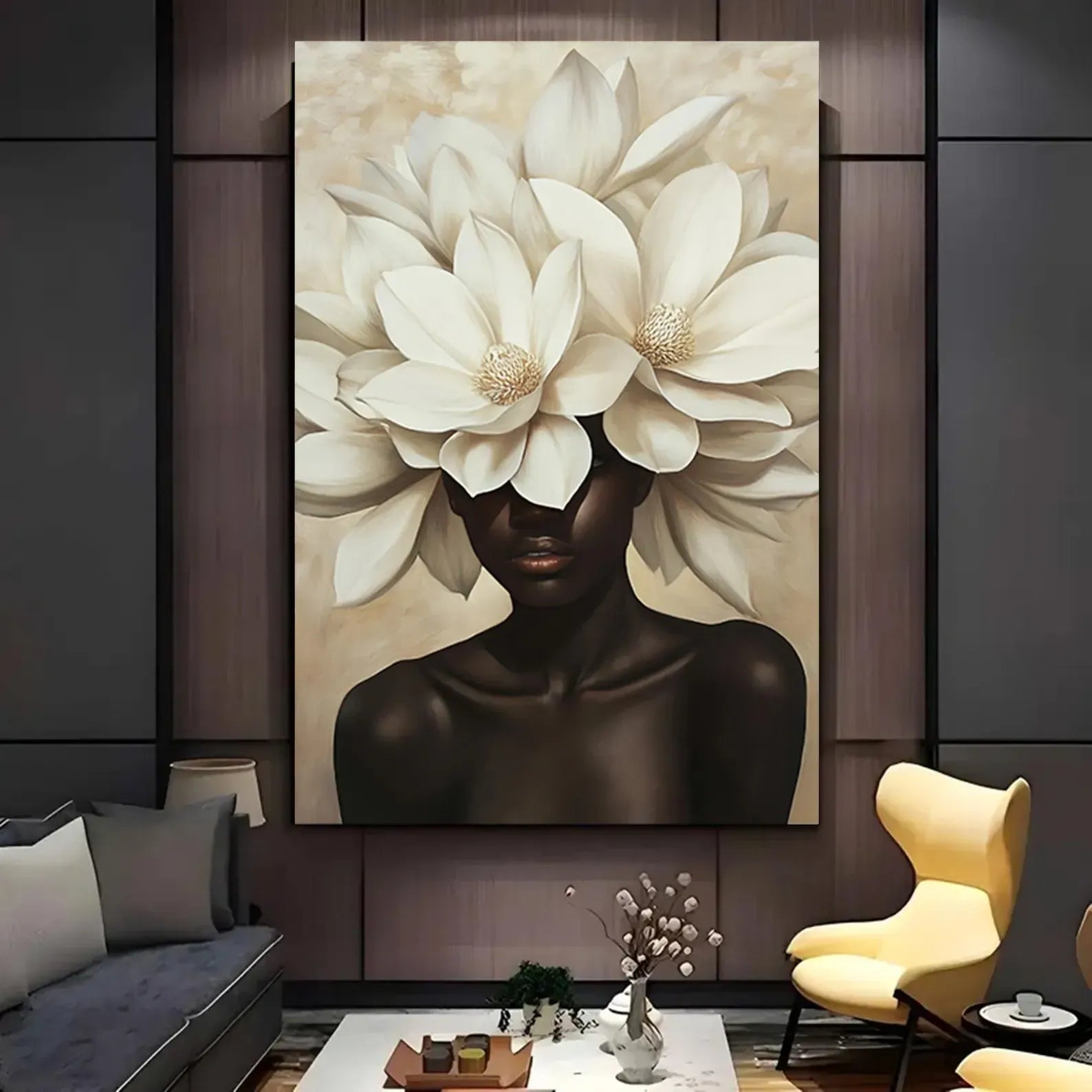 White Flower Woman Painting – Luxury Floral Portrait Wall Art#yy710046