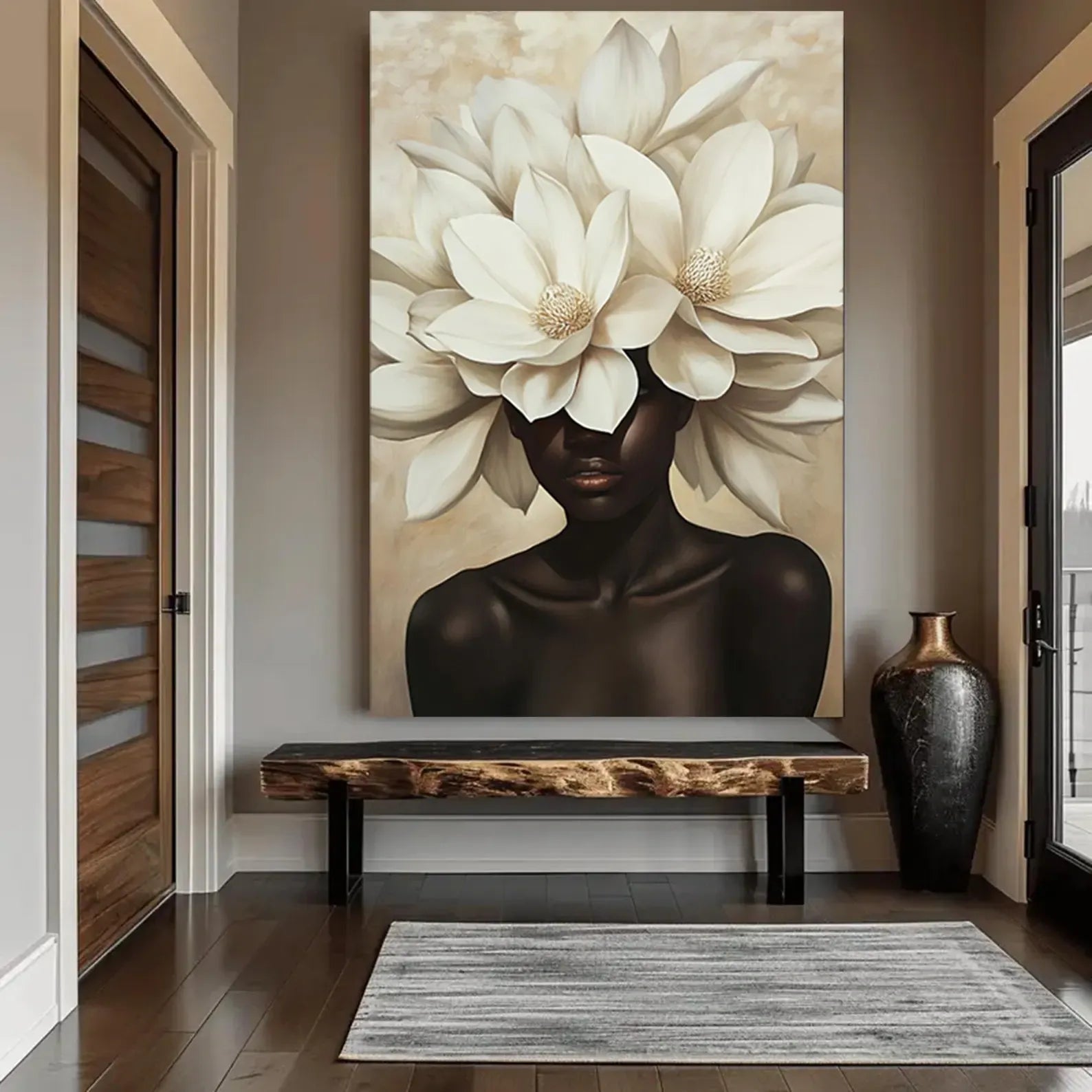 White Flower Woman Painting – Luxury Floral Portrait Wall Art#yy710046