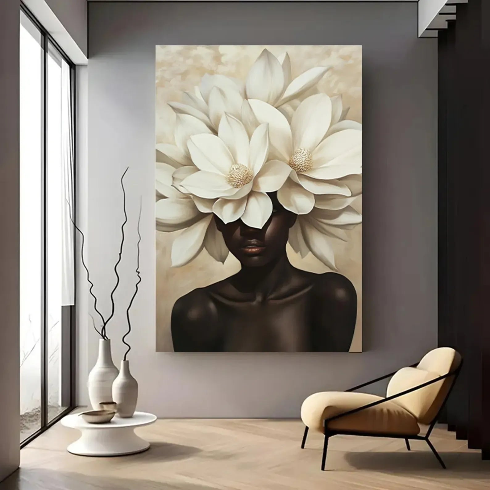 White Flower Woman Painting – Luxury Floral Portrait Wall Art#yy710046