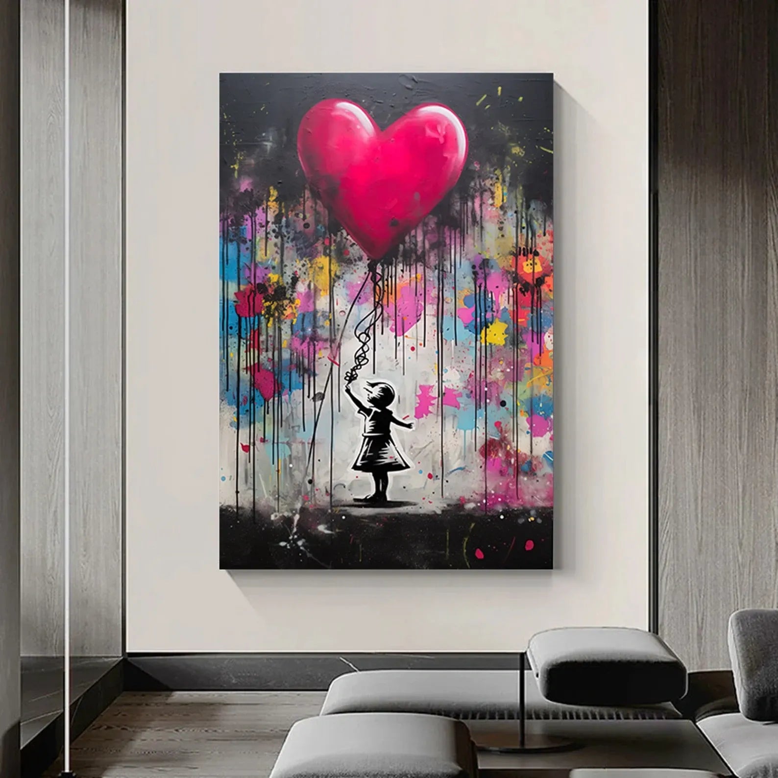Girl With Heart Balloon Painting – Modern Street Art Canvas Wall Art#yy710003
