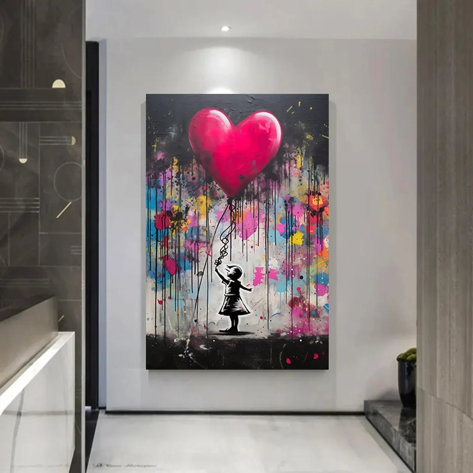texture Girl With Heart Balloon Painting – Modern Street Art Canvas Wall Art#yy710003
