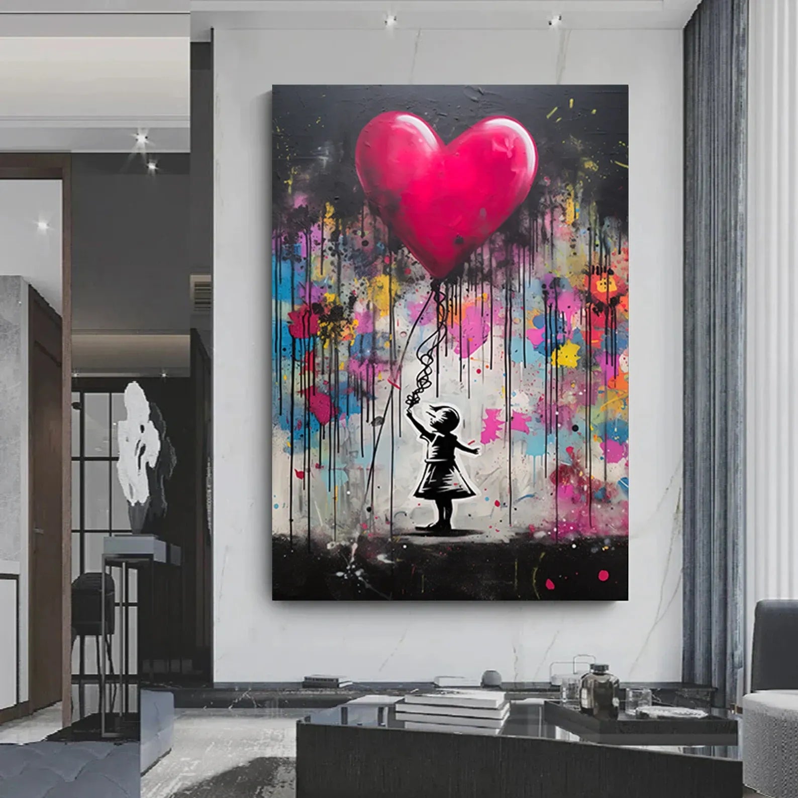 Girl With Heart Balloon Painting – Modern Street Art Canvas Wall Art#yy710003