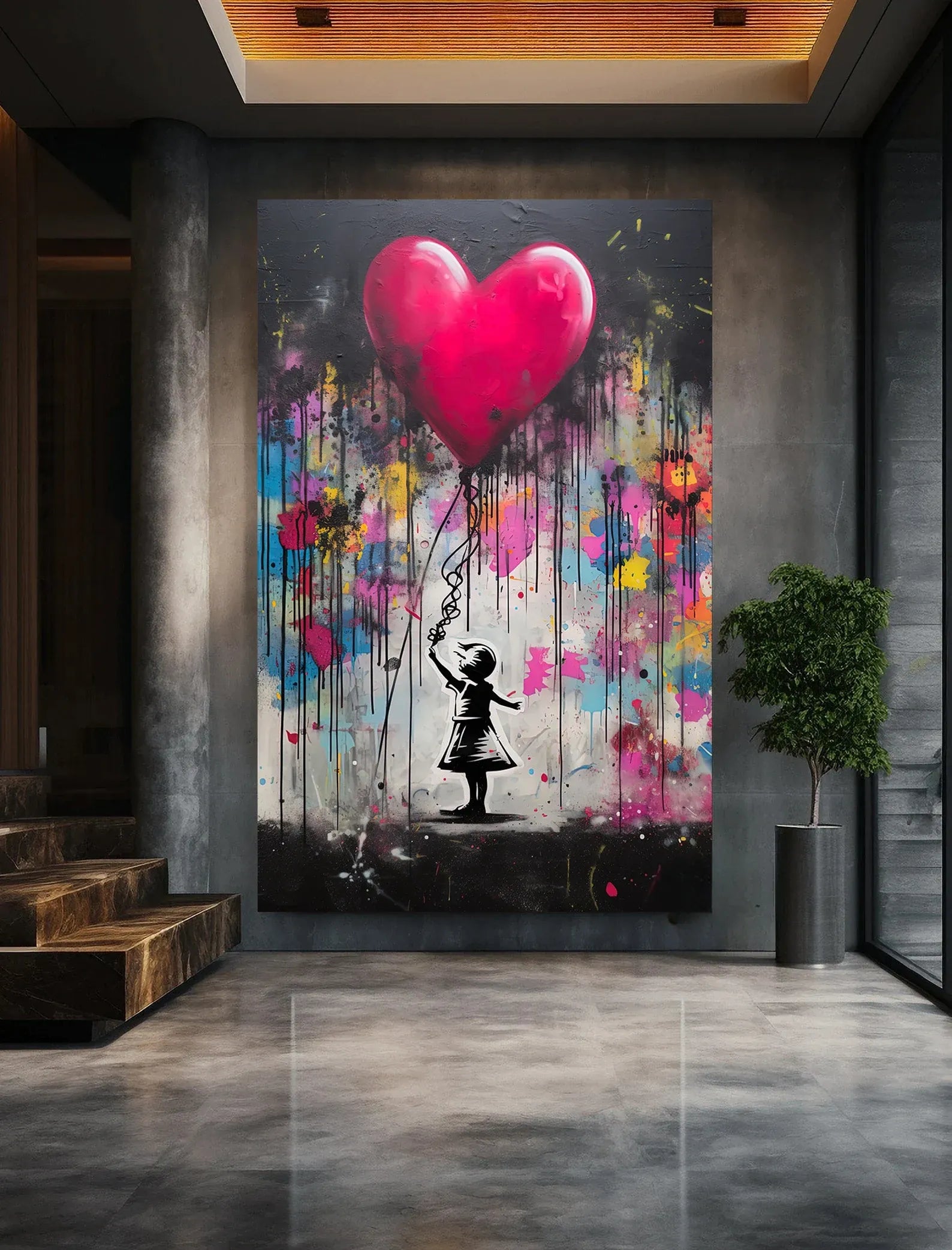 Girl With Heart Balloon Painting – Modern Street Art Canvas Wall Art#yy710003