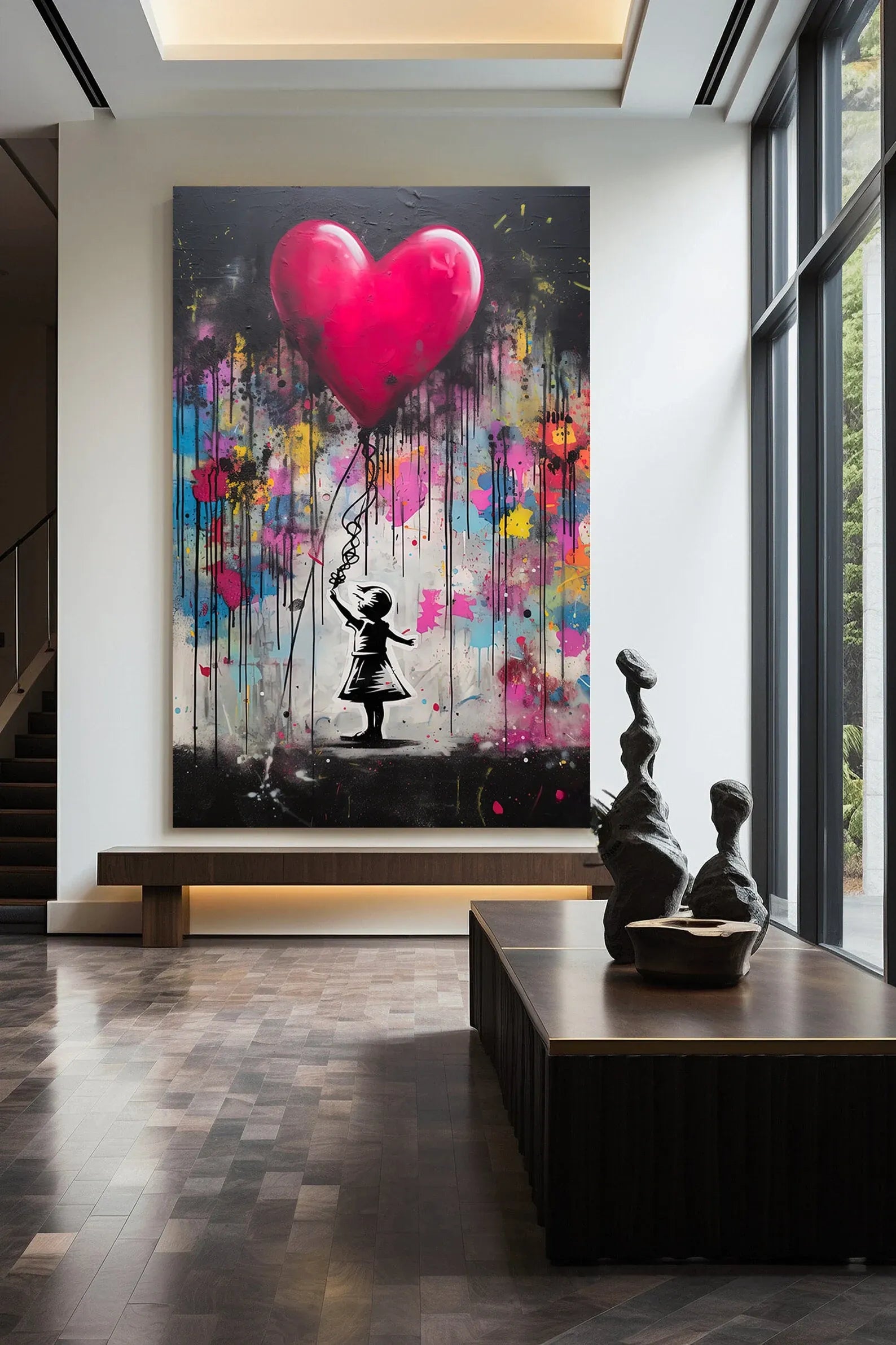 Girl With Heart Balloon Painting – Modern Street Art Canvas Wall Art#yy710003
