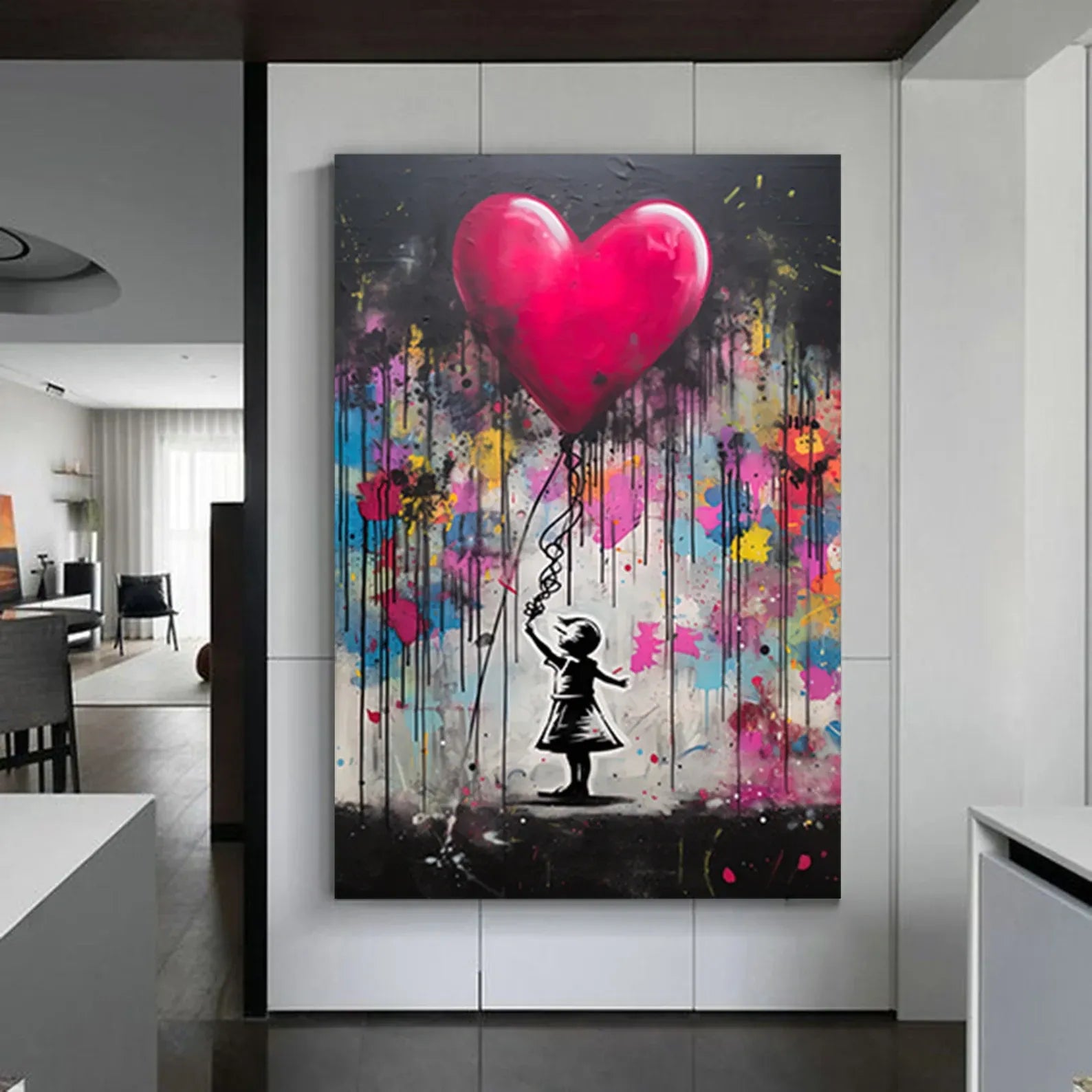 Girl With Heart Balloon Painting – Modern Street Art Canvas Wall Art#yy710003