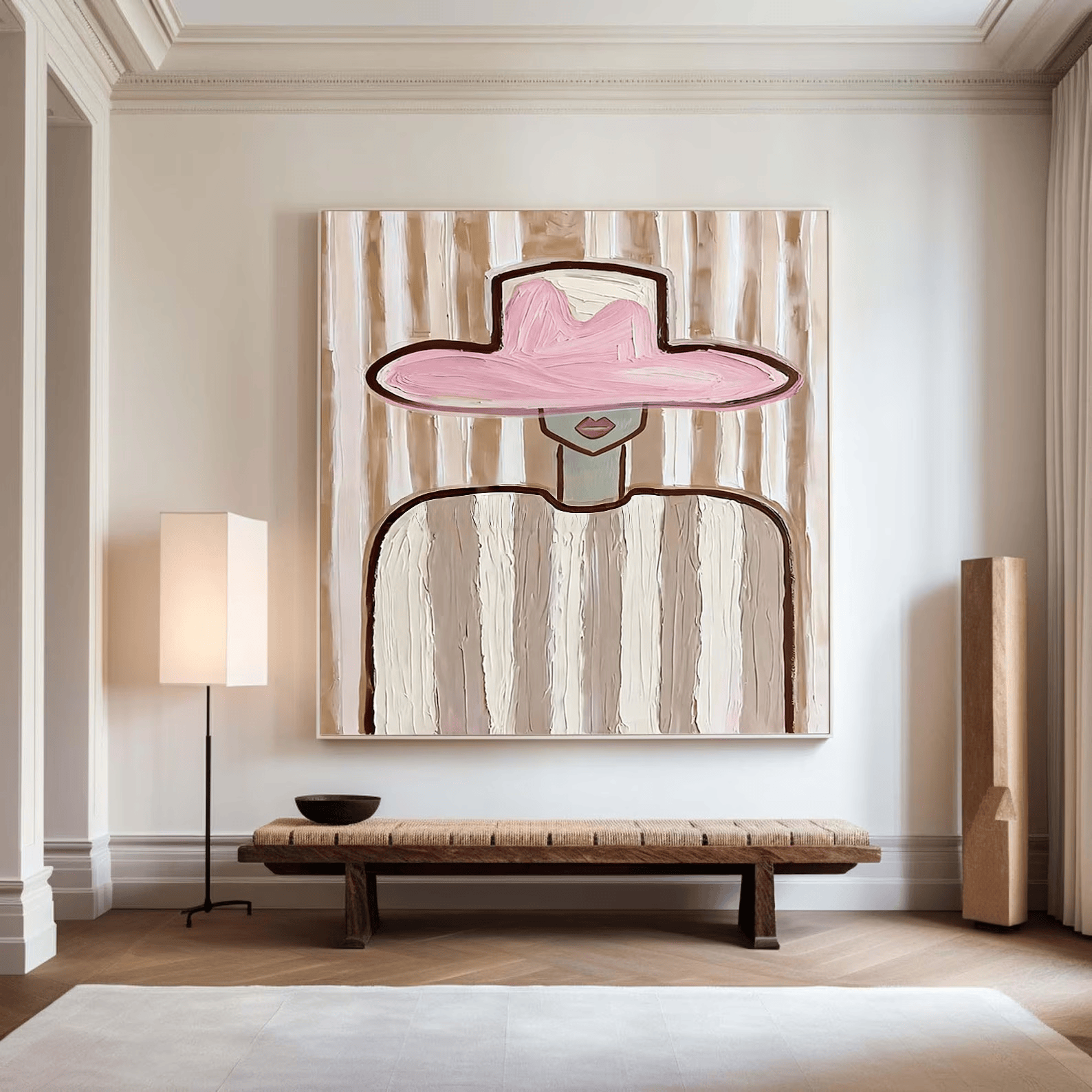 Pink Hat Woman Painting – Minimalist Feminine Wall Art#yy710050
