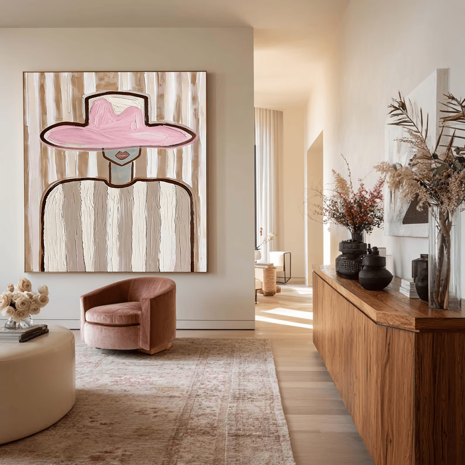 texture Pink Hat Woman Painting – Minimalist Feminine Wall Art#yy710050