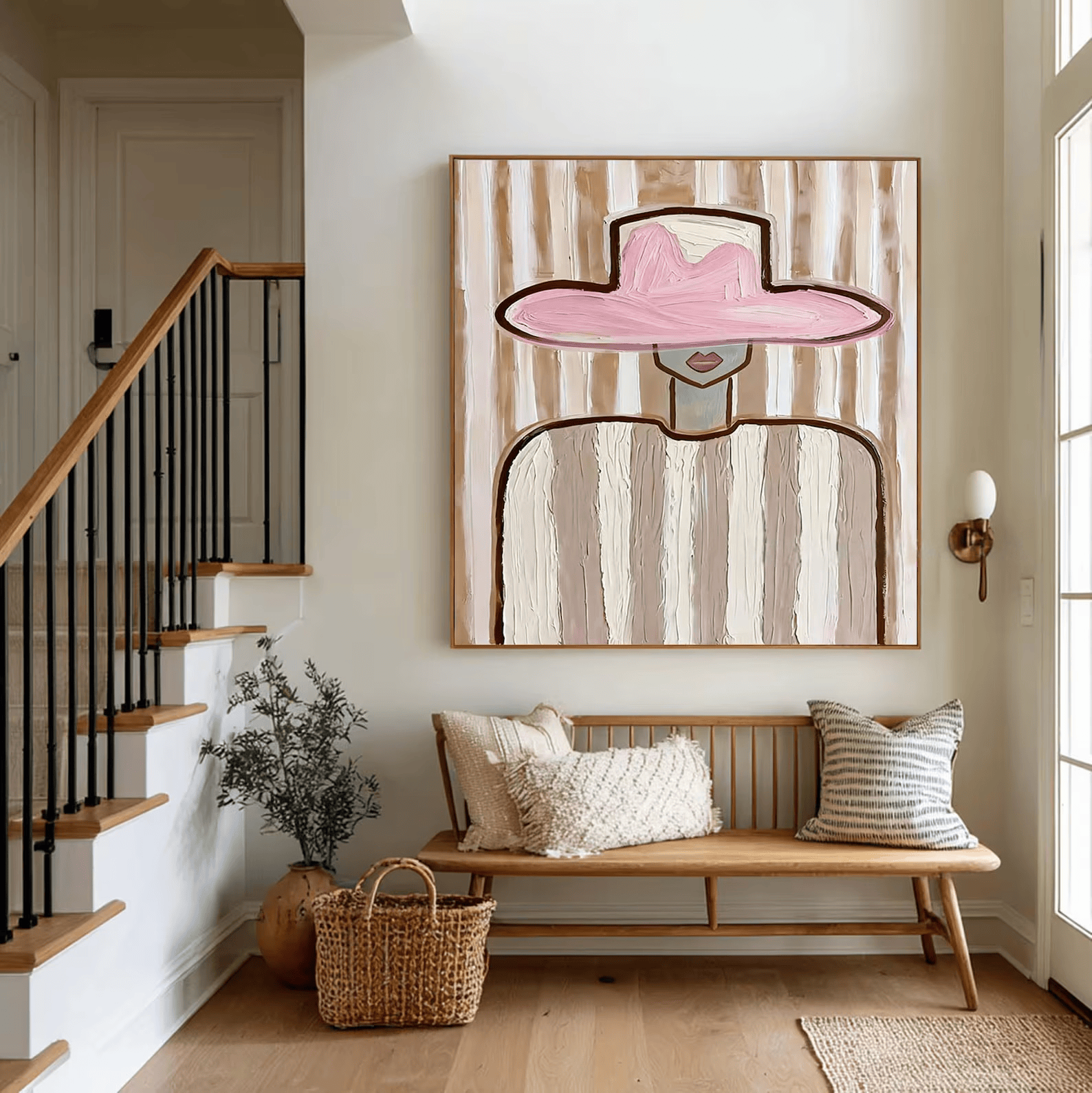Pink Hat Woman Painting – Minimalist Feminine Wall Art#yy710050