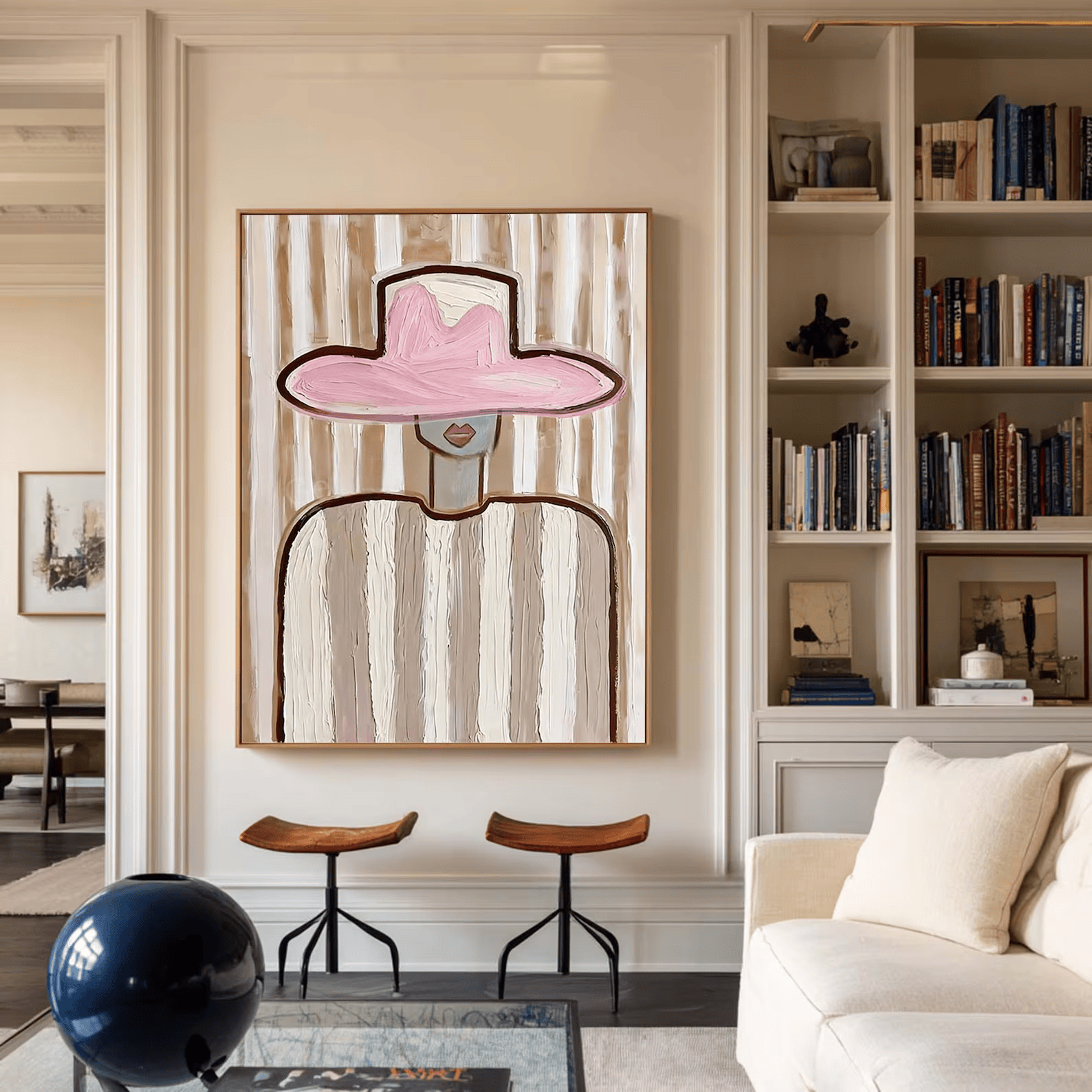 Pink Hat Woman Painting – Minimalist Feminine Wall Art#yy710050
