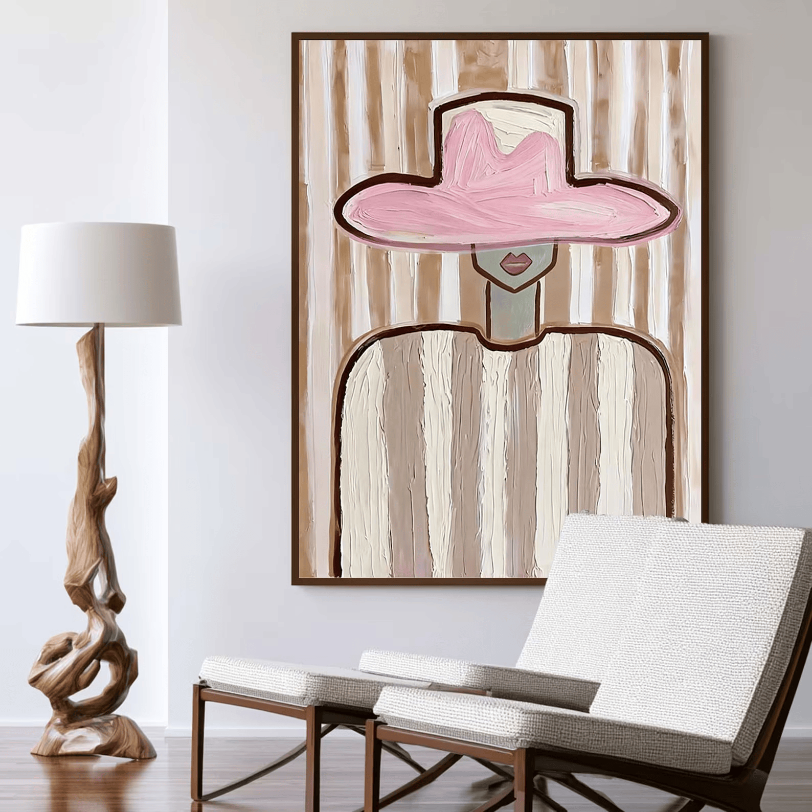 Pink Hat Woman Painting – Minimalist Feminine Wall Art#yy710050