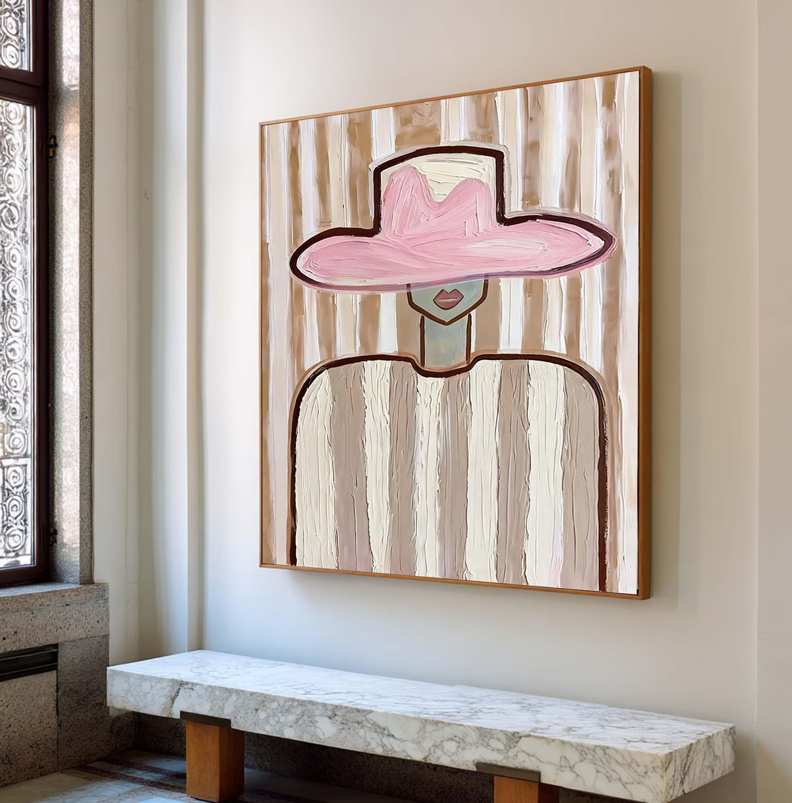 Pink Hat Woman Painting – Minimalist Feminine Wall Art#yy710050