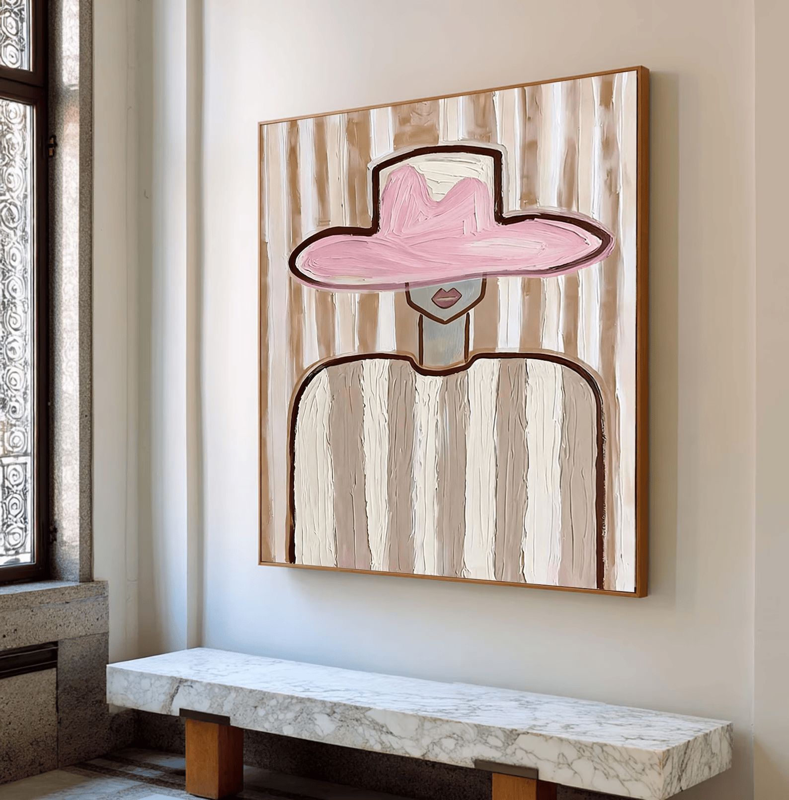 Pink Hat Woman Painting – Minimalist Feminine Wall Art#yy710050