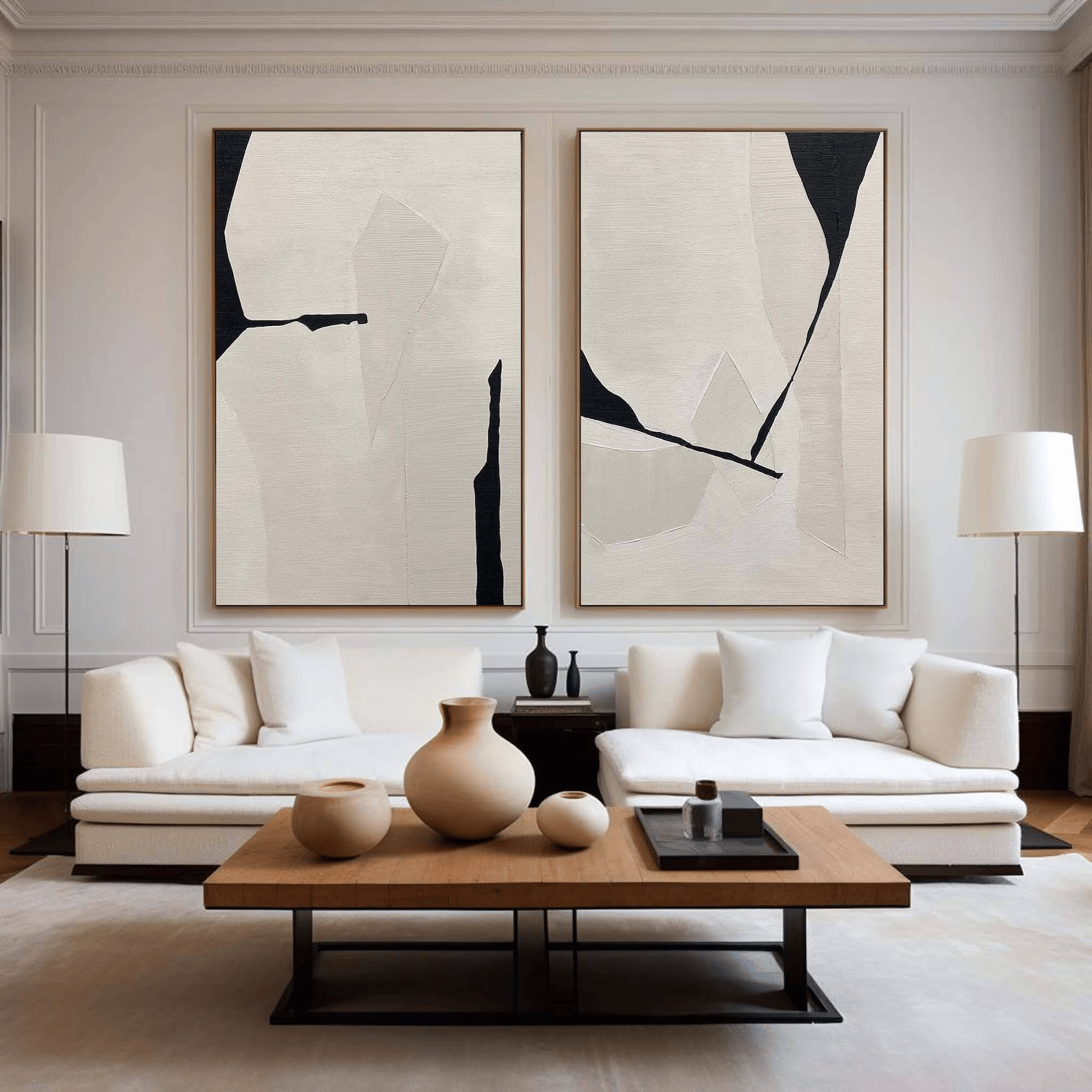 Black White Diptych Abstract Art – Minimalist Textured Wall Decor#yy710070