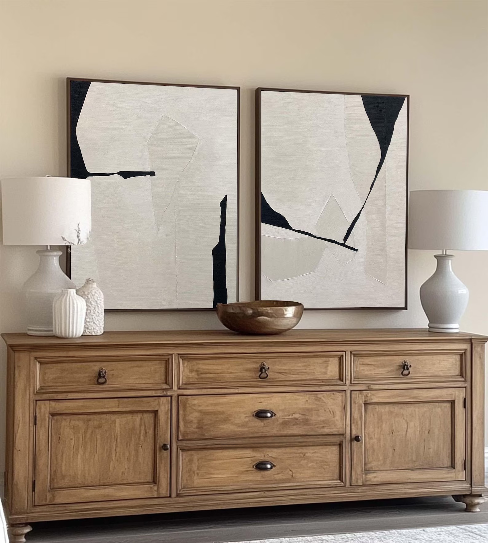 Black White Diptych Abstract Art – Minimalist Textured Wall Decor#yy710070