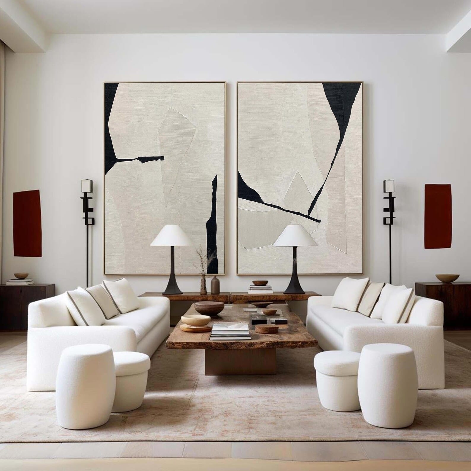 Black White Diptych Abstract Art – Minimalist Textured Wall Decor#yy710070