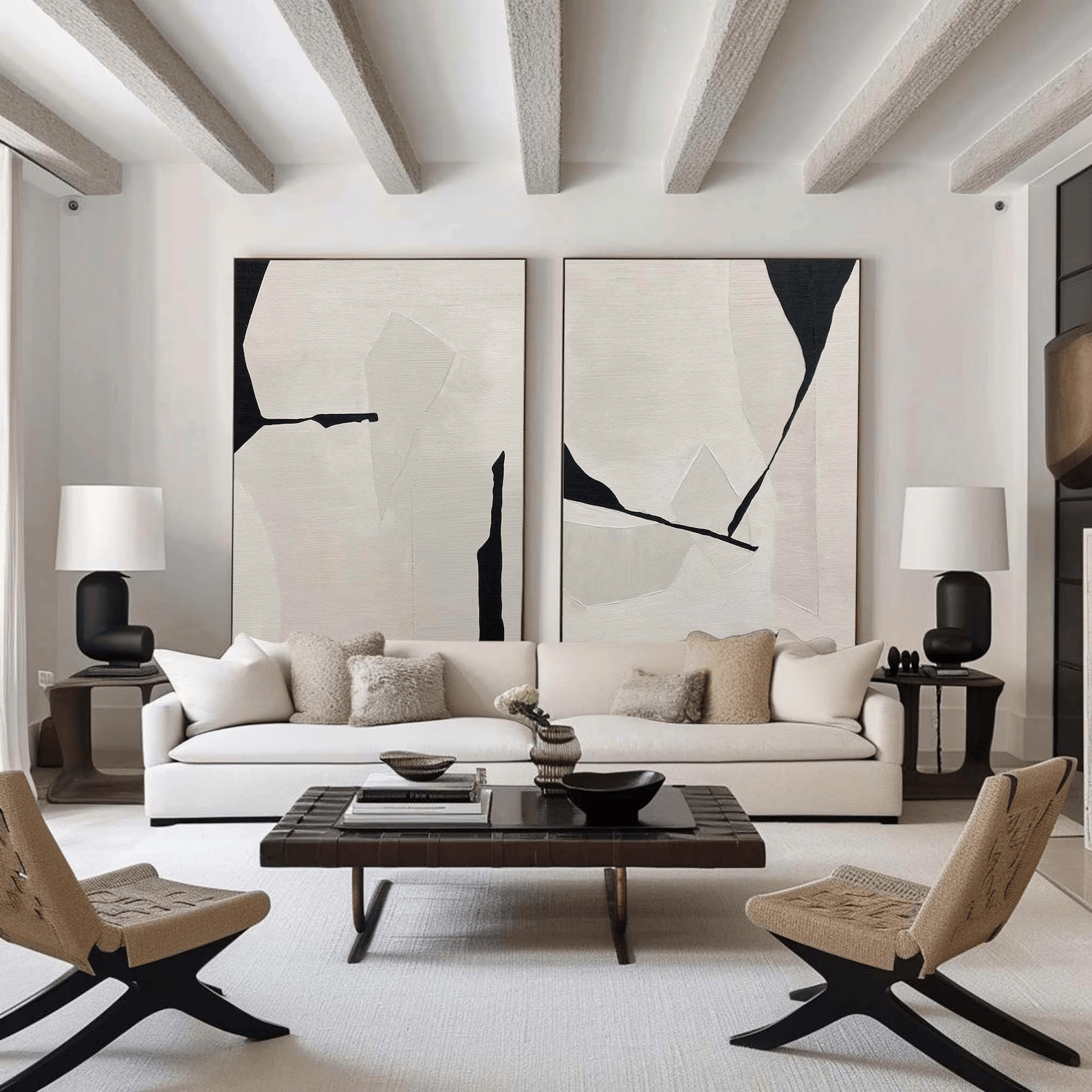 Black White Diptych Abstract Art – Minimalist Textured Wall Decor#yy710070