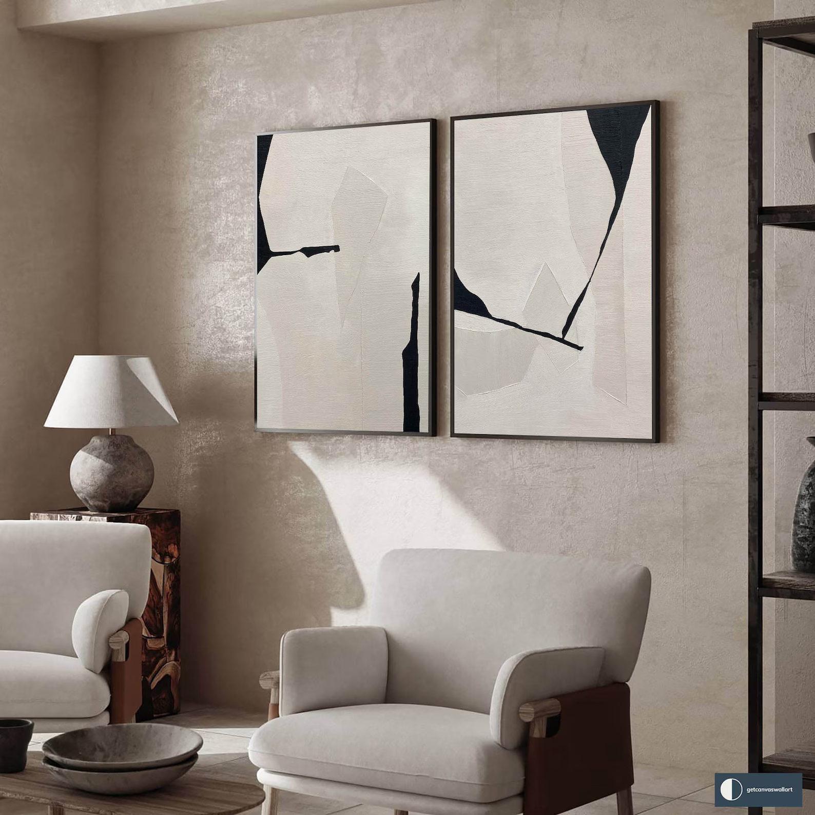 Black White Diptych Abstract Art – Minimalist Textured Wall Decor#yy710070
