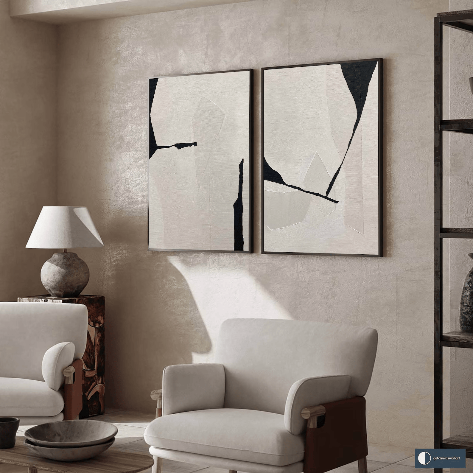 Black White Diptych Abstract Art – Minimalist Textured Wall Decor#yy710070