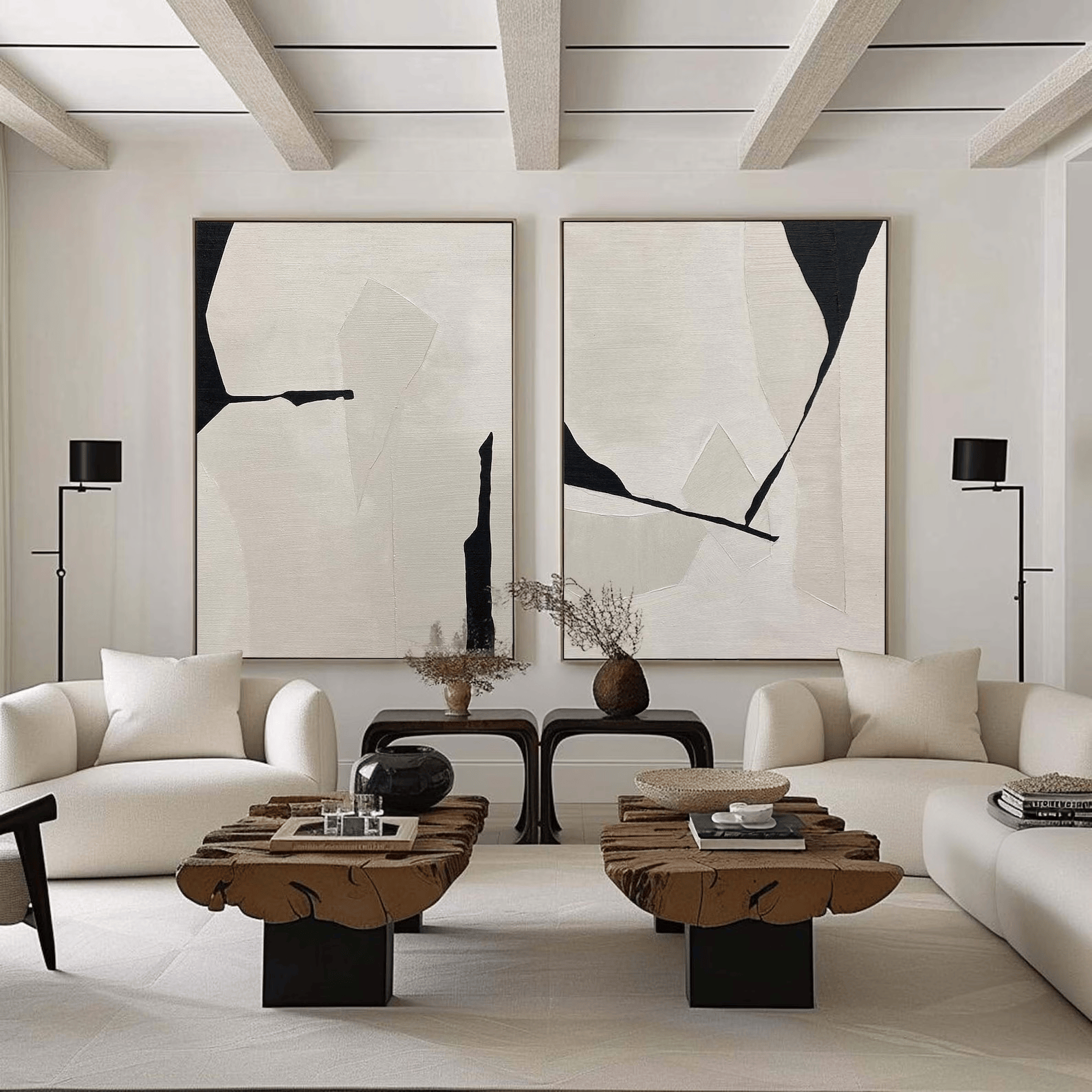 Black White Diptych Abstract Art – Minimalist Textured Wall Decor#yy710070