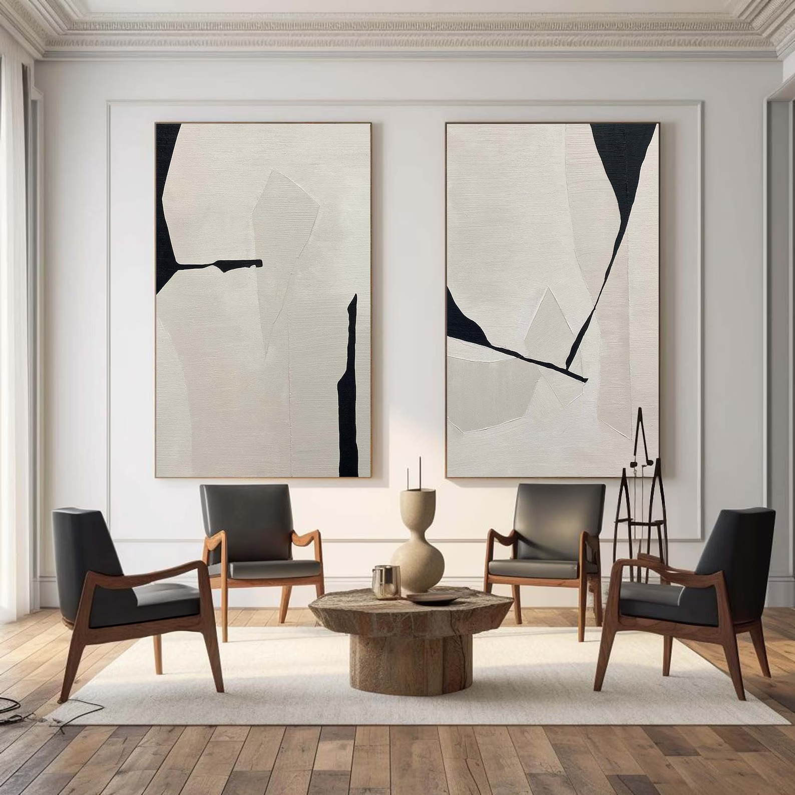Black White Diptych Abstract Art – Minimalist Textured Wall Decor#yy710070