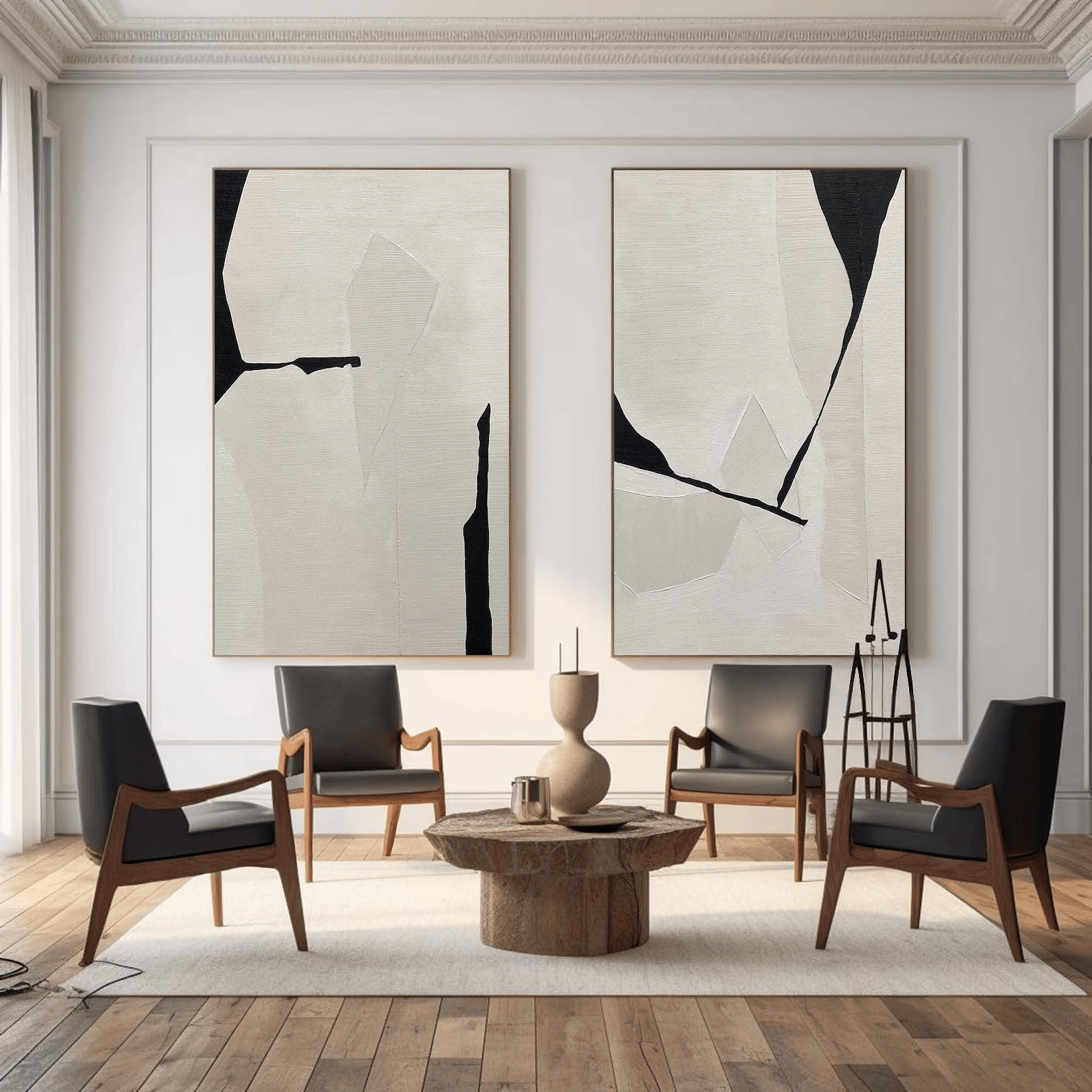 Black White Diptych Abstract Art – Minimalist Textured Wall Decor#yy710070