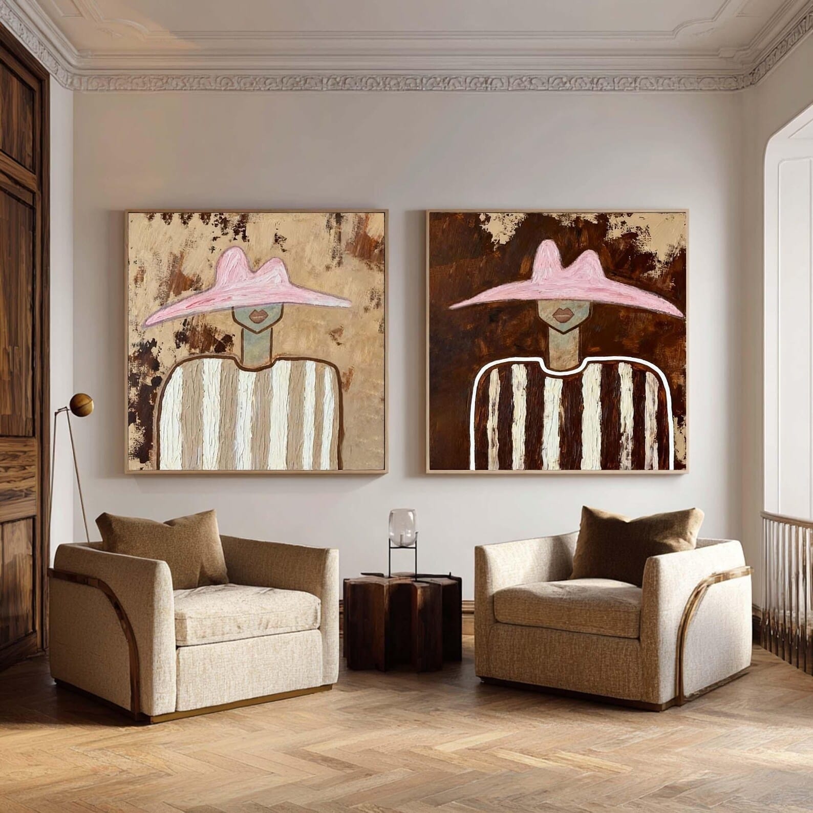 Pink Hat Portrait Diptych – Modern Abstract Wall Art#yy710072