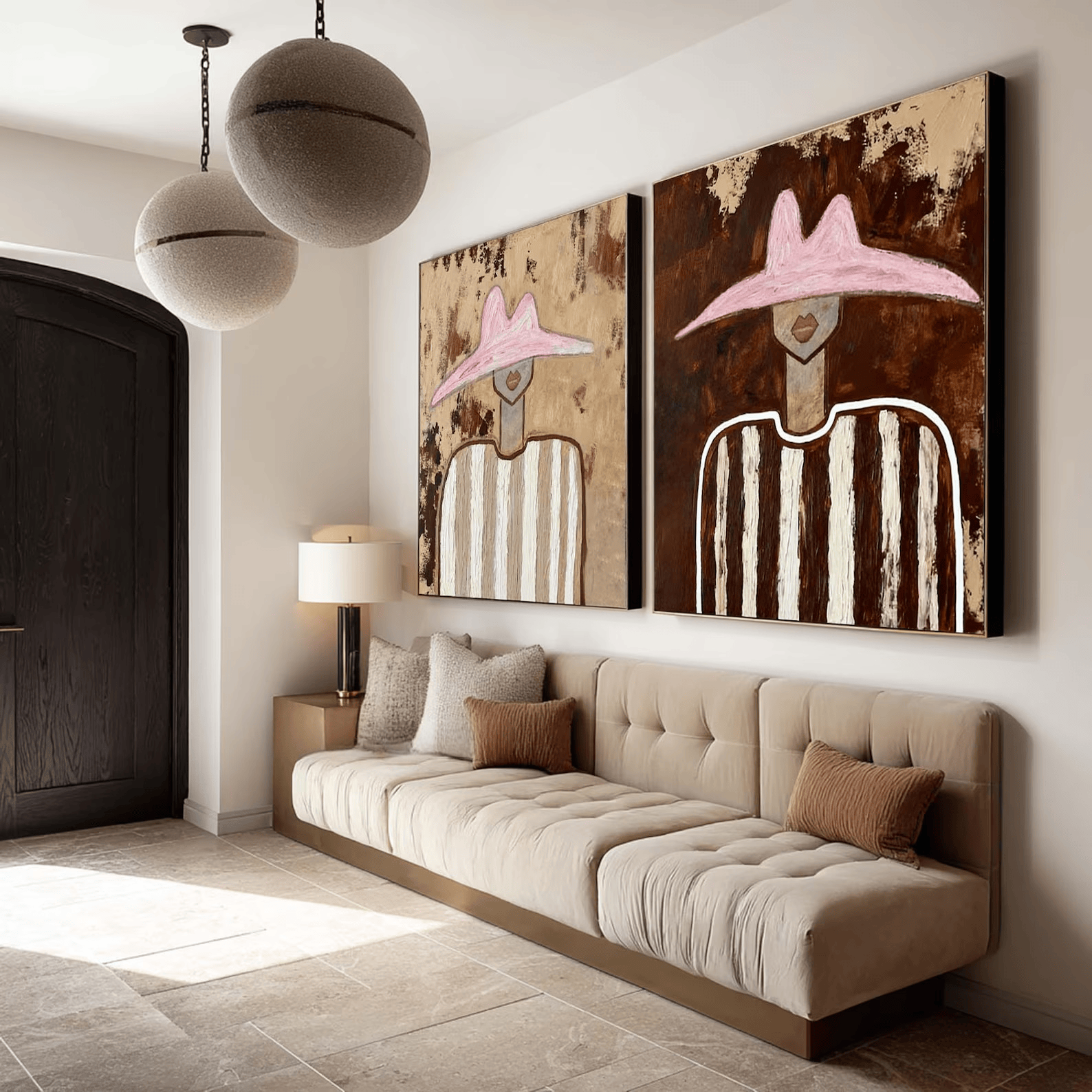 combine Pink Hat Portrait Diptych – Modern Abstract Wall Art#yy710072
