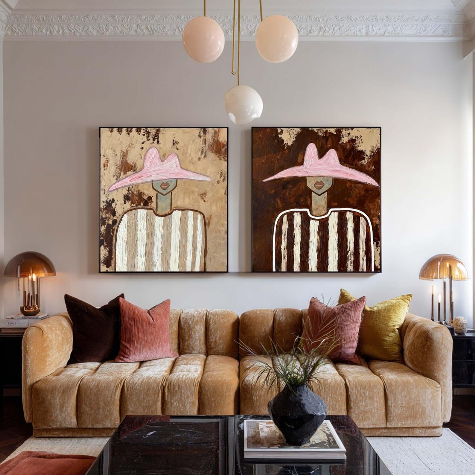 Pink Hat Portrait Diptych – Modern Abstract Wall Art#yy710072