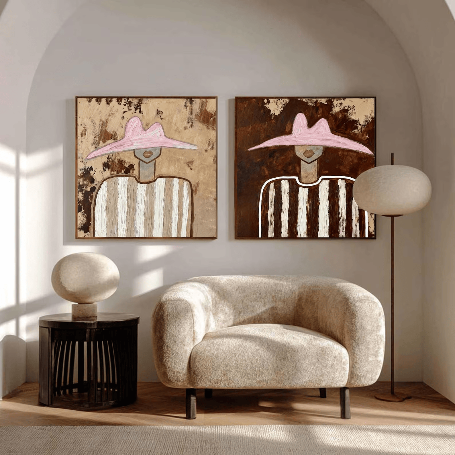Pink Hat Portrait Diptych – Modern Abstract Wall Art#yy710072