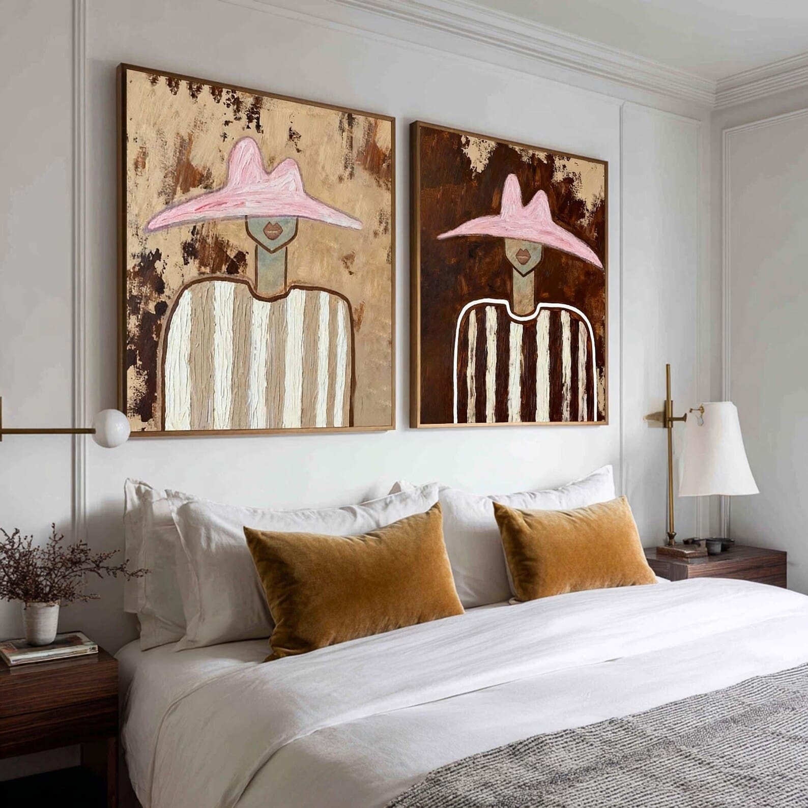 Pink Hat Portrait Diptych – Modern Abstract Wall Art#yy710072